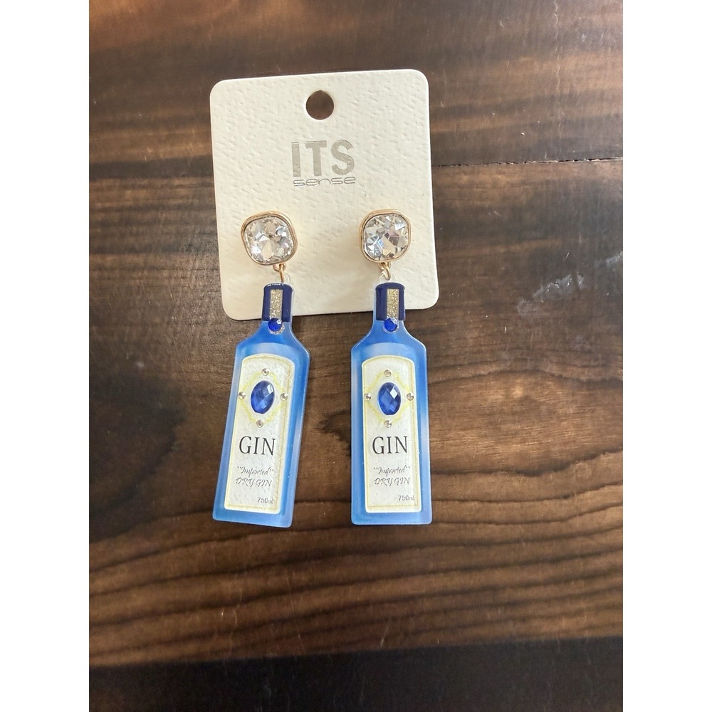 ITS Sense Blue Gin Bottle Dangle Earrings Frosted Acrylic Rhinestone Stud New